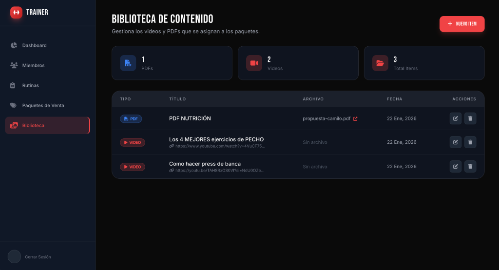 Biblioteca digital con videos y rutinas
