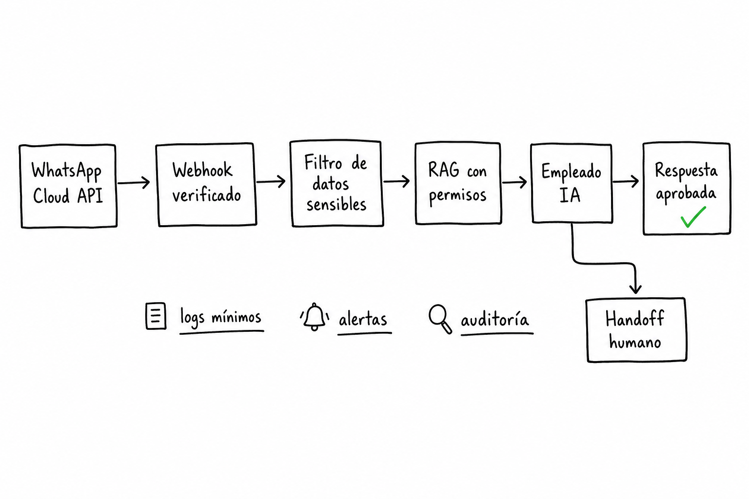 Diagrama napkin de arquitectura segura para un chatbot de WhatsApp con webhook, filtros, RAG, Empleado IA y handoff humano