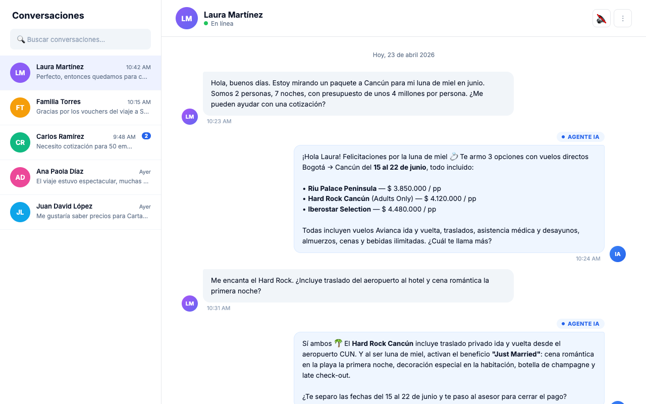 Bandeja de conversaciones TravelFlow con chat activo donde el Agente IA cotiza paquete a Cancún por WhatsApp